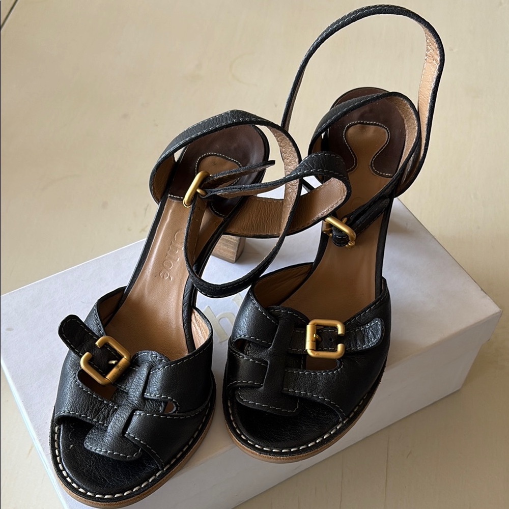 Chloe Black and Gold Sandals with Ankle Strap